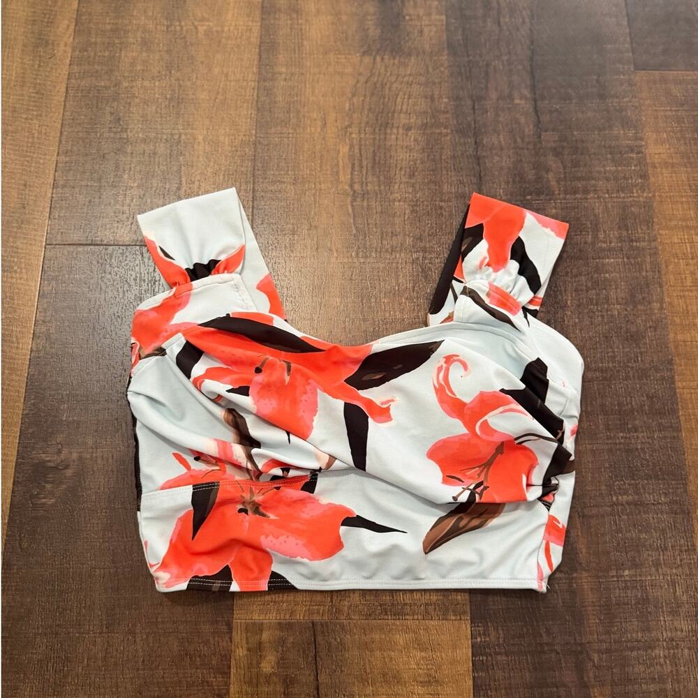 Albion Fit Sea Glass Floral Crop Swimsuit Bikini Top Coral White Size Small